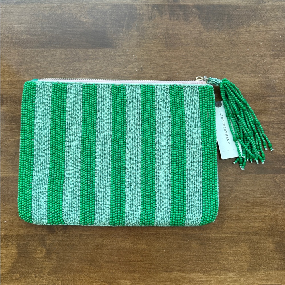 NEW Anthropologie Fiona Green Beaded Tassel Zip Clutch Bag Pouch Teacup Design - Picture 4 of 7